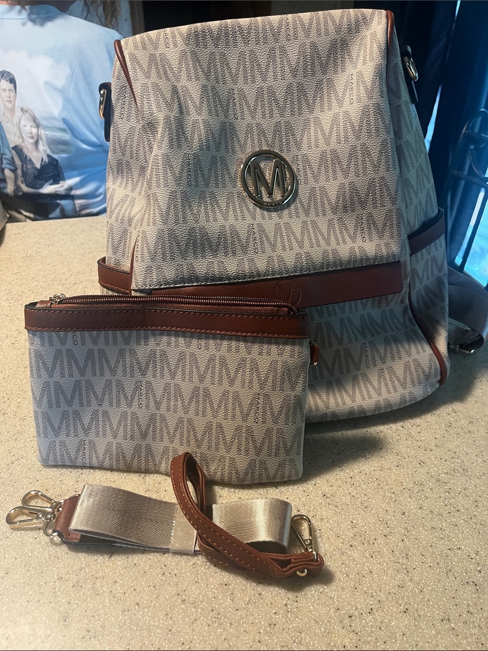 Marco Beige and Brown Monogram Backpack with Pouch